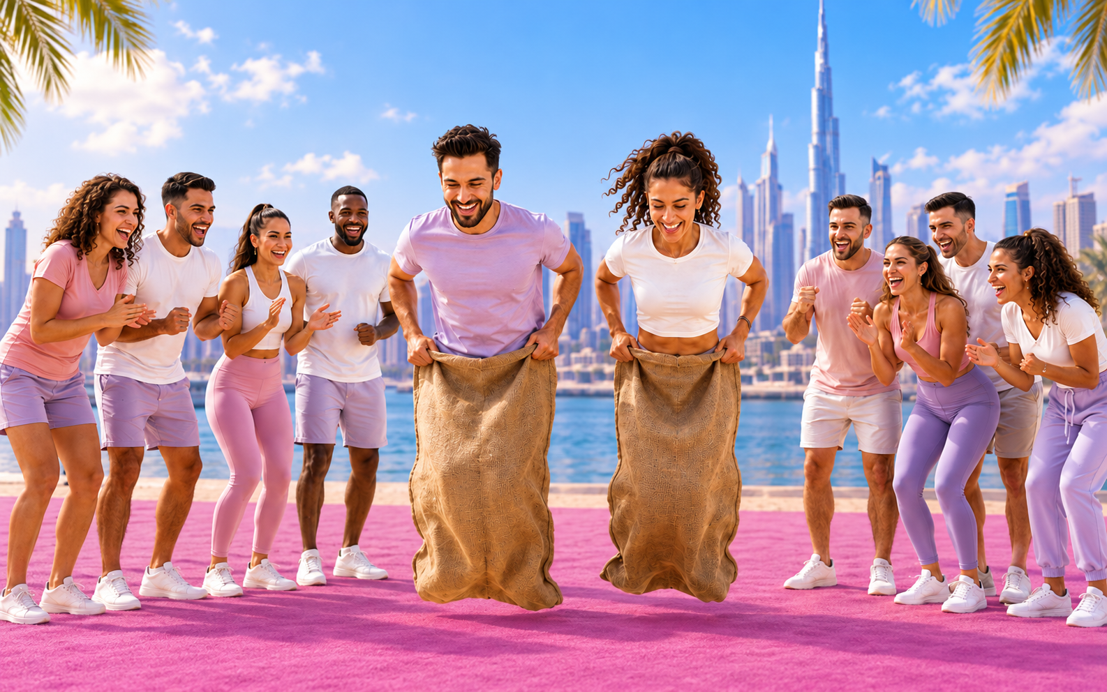 Festival guests cheering on a sack race in Dubai