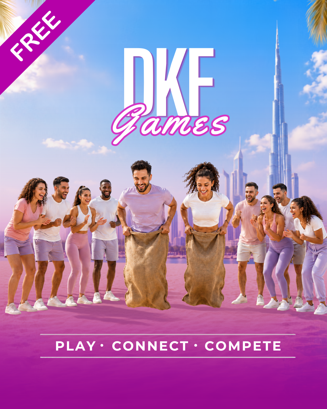 DKF Games artwork showing a group taking part in a sack race in Dubai